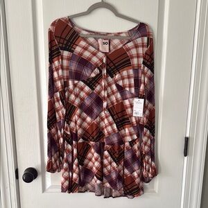 SO Women's Plaid Peplum Dress - Black, Purple and Brown